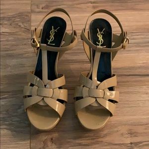 Saint Laurent Mid-Heel Patent Leather Sandal.